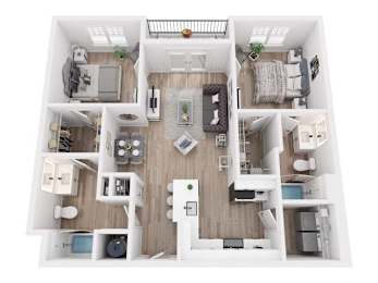 A top-down view of a small apartment with a kitchen, living room, and bedroom.
