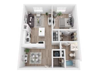 A top-down view of a small apartment with a kitchen, living room, and bedroom.