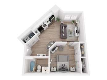 A top-down view of a house layout with a living room, kitchen, and bathroom.