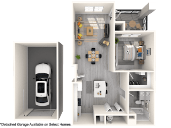 A modern, white-themed interior design of a garage and living space.