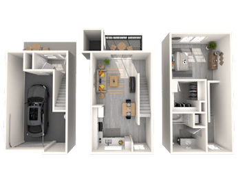 Three images of a small apartment layout.