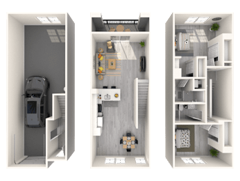 Three images of a small apartment layout.