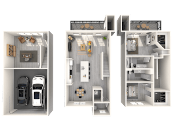 Three different floor plans of a house with a kitchen, living room, and bedrooms.