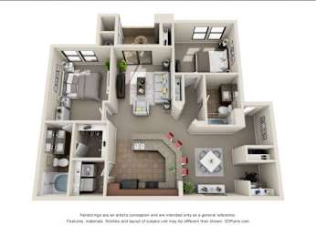 A 3D floor plan of a house with a kitchen, living room, and bedrooms.