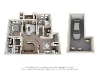 A 3D floor plan of a house with a garage.