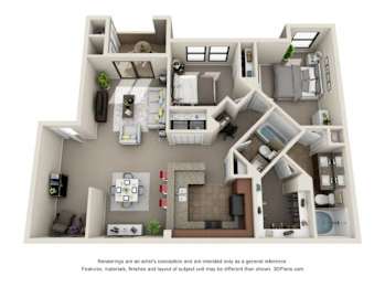 A 3D floor plan of a house with a kitchen, living room, and bathroom.