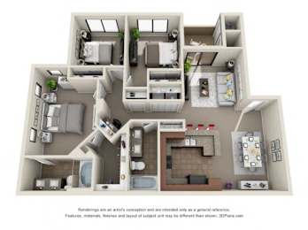 A 3D floor plan of a house with multiple rooms and furniture.