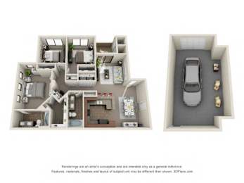 A 3D floor plan of a house with two bedrooms, a living room, a kitchen, a bathroom, and a garage.