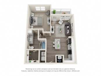 A 3D floor plan of a small apartment with a kitchen, living room, and bathroom.