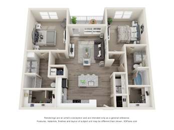 A 3D floor plan of a house with a kitchen, living room, and two bedrooms.