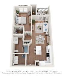 A 3D floor plan of a small apartment with a kitchen, living room, and bathroom.