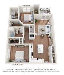A 3D floor plan of a two-bedroom apartment with a living room, kitchen, and bathroom.