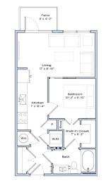 A floor plan of a small apartment with a living room, kitchen, bathroom, and bedroom.