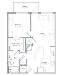 A floor plan of a house with a patio, bedroom, living room, walk-in closet, bath, kitchen, and laundry area.