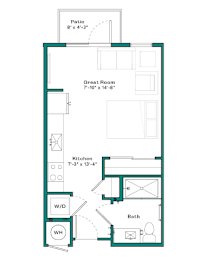 A floor plan of a house with a kitchen, bathroom, and great room.