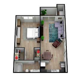 A top down view of a small apartment with a bedroom, living room, and kitchen.
