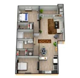 A floor plan of a house with a kitchen, living room, and two bedrooms.