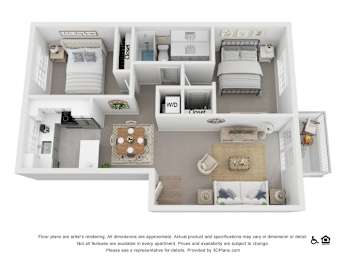 A 3D floor plan of an apartment with labeled rooms.