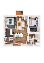 A 3D floor plan of a small apartment with a kitchen, living room, and two bedrooms.