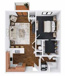A top-down view of a small apartment with a kitchen, living room, and bathroom.