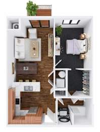 A top-down view of a small apartment with a kitchen, living room, and bathroom.