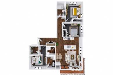 A 3D floor plan of a house with multiple rooms.