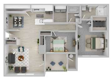A top-down view of a house layout with a kitchen, living room, and bedrooms.