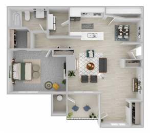 A top-down view of a small apartment with a kitchen, living room, and bathroom.