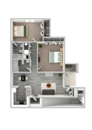 A 3D floor plan of a house with a living room, kitchen, and two bedrooms.