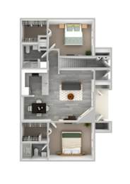 A 3D floor plan of a house with a living room, kitchen, and bedrooms.