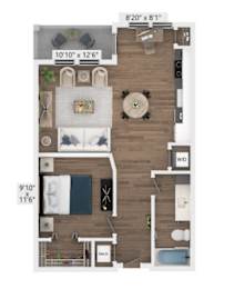 A floor plan of a house with a living room, dining room, kitchen, and bathrooms.