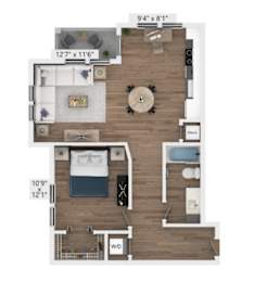 A floor plan of a two-bedroom apartment with a living room, kitchen, and bathroom.