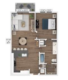 A floor plan of a small apartment with a living room, kitchen, and bathroom.