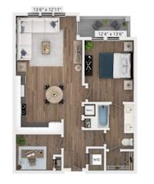 A floor plan of a two-bedroom apartment with a living room, kitchen, and bathroom.