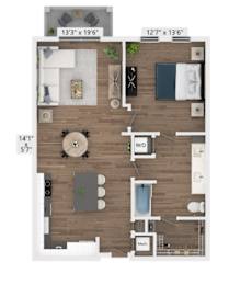 A floor plan of a two-bedroom apartment with a living room, kitchen, and bathroom.