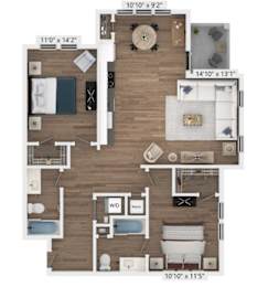 A detailed 3D floor plan of a two-bedroom apartment.