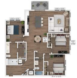 A detailed floor plan of a two-bedroom apartment with a living room, kitchen, and bathroom.