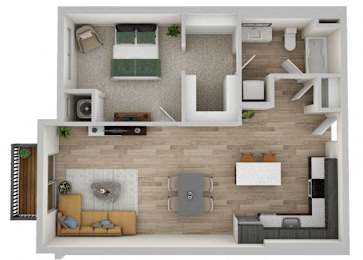 A top-down view of a living room with a couch, coffee table, and television.