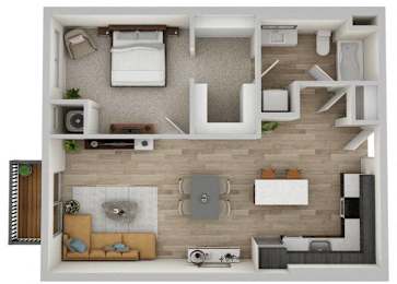 A top-down view of a modern apartment layout with a living room, kitchen, and bedroom.