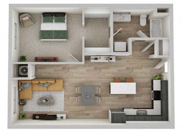 A top-down view of a modern apartment layout with a living room, kitchen, and bedroom.