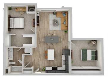 A 3D floor plan of a small apartment with a kitchen, living room, and bedroom.