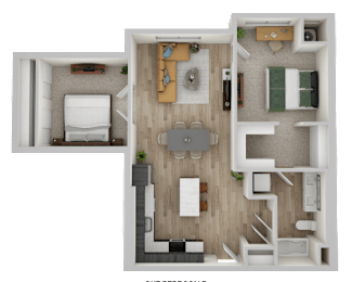 A 3D floor plan of a small apartment with a kitchen, living room, and bathroom.