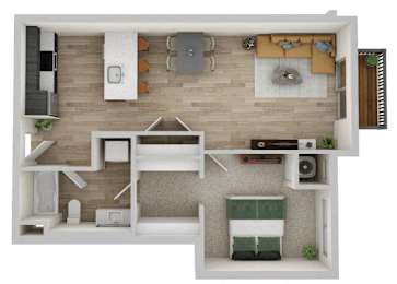 A top-down view of a small apartment with a kitchen, living room, and bathroom.
