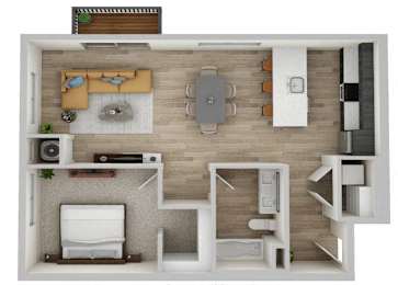 A top-down view of a small apartment with a bedroom, living room, and kitchen area.