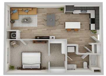 A top-down view of a small apartment with a bedroom, living room, and kitchen area.