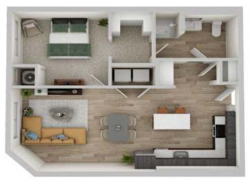 A top-down view of a modern apartment layout with a living room, kitchen, and bedroom.