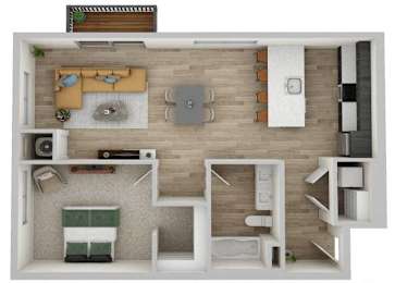 A top-down view of a room with a couch, a bed, a desk, and a TV.