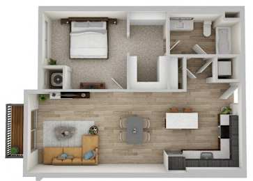 A top-down view of a living room with a couch, a coffee table, and a television.