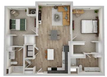 A top-down view of a small apartment with a kitchen, living room, and bedroom.