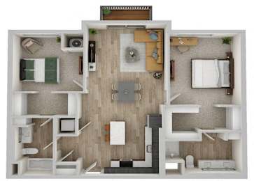 A top-down view of a small, modern apartment with a kitchen, living room, and bedroom.